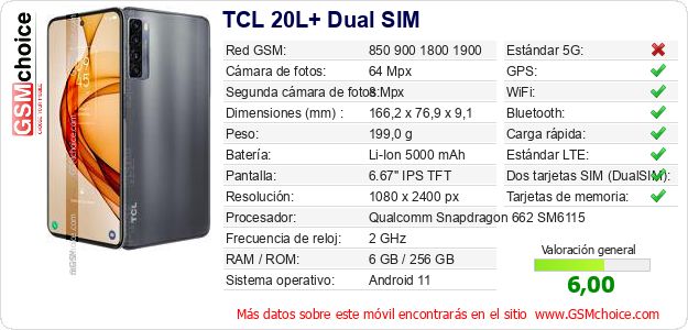 TCL 20L+ Dual SIM Datos técnicos del móvil 