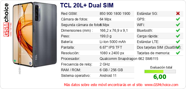 TCL 20L+ Dual SIM Datos técnicos del móvil TCL 20L+ Dual SIM Datos técnicos del móvil