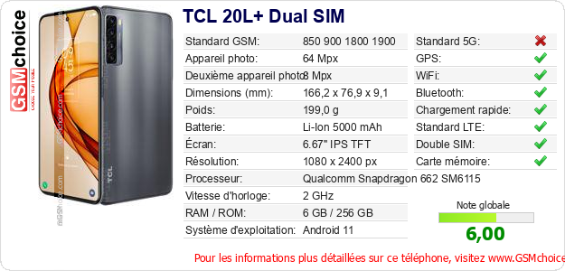 TCL 20L+ Dual SIM Fiche technique TCL 20L+ Dual SIM Fiche technique