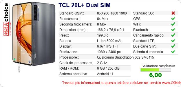 TCL 20L+ Dual SIM Dati tecnici di telefono cellulare 