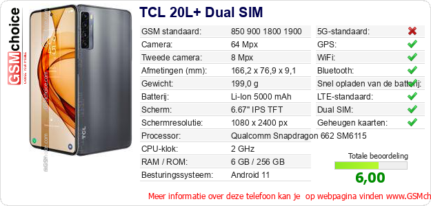 TCL 20L+ Dual SIM Technische gegevens 