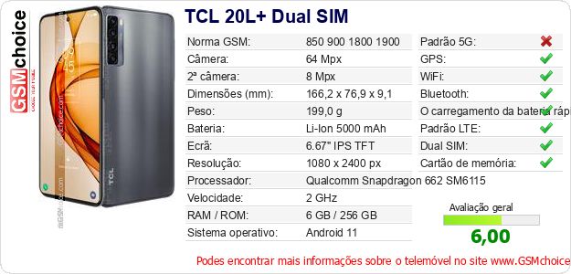 TCL 20L+ Dual SIM Especificações técnicas do telemóvel TCL 20L+ Dual SIM Especificações técnicas do telemóvel