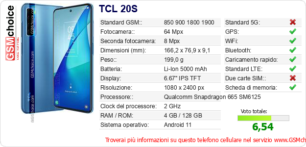 TCL 20S Dati tecnici di telefono cellulare TCL 20S Dati tecnici di telefono cellulare