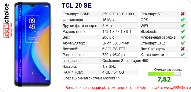 TCL 20 SE Технические данные телефона TCL 20 SE Технические данные телефона