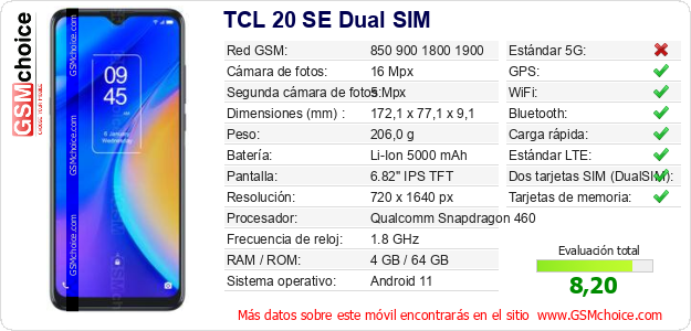 TCL 20 SE Dual SIM Datos técnicos del móvil TCL 20 SE Dual SIM Datos técnicos del móvil