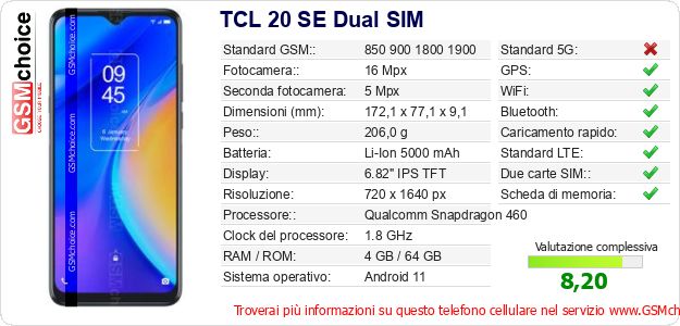 TCL 20 SE Dual SIM Dati tecnici di telefono cellulare TCL 20 SE Dual SIM Dati tecnici di telefono cellulare