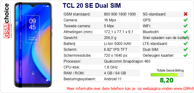 TCL 20 SE Dual SIM Technische gegevens 