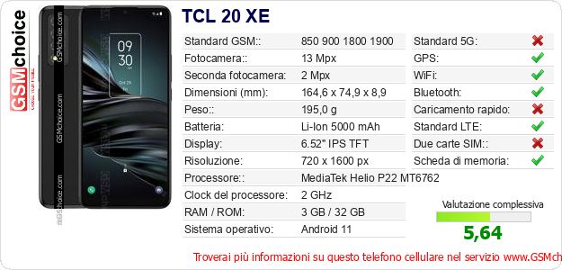 TCL 20 XE Dati tecnici di telefono cellulare TCL 20 XE Dati tecnici di telefono cellulare