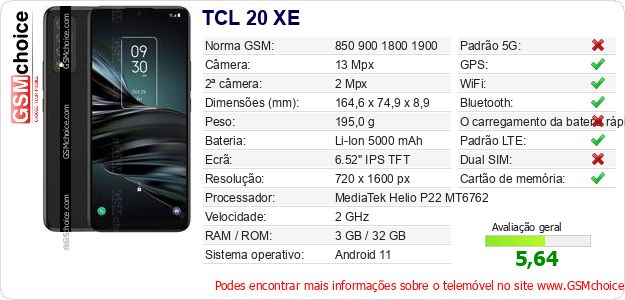 TCL 20 XE Especificações técnicas do telemóvel TCL 20 XE Especificações técnicas do telemóvel
