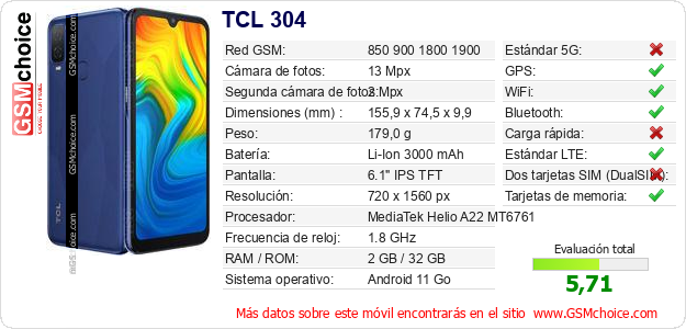TCL 304 Datos técnicos del móvil 