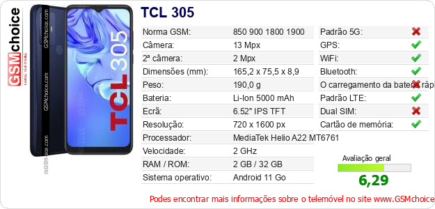 TCL 305 Especificações técnicas do telemóvel 