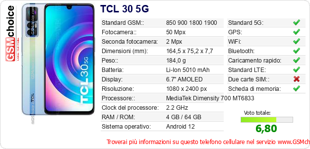 TCL 30 5G Dati tecnici di telefono cellulare 