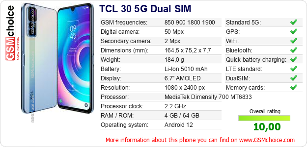 TCL 30 5G Dual SIM technical specifications TCL 30 5G Dual SIM technical specifications