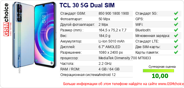 TCL 30 5G Dual SIM Технические данные телефона  TCL 30 5G Dual SIM Технические данные телефона