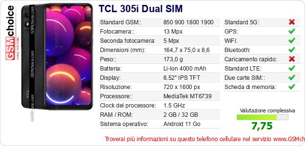 TCL 305i Dual SIM Dati tecnici di telefono cellulare TCL 305i Dual SIM Dati tecnici di telefono cellulare