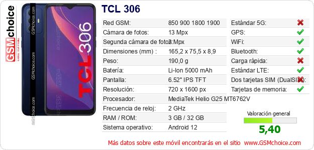 TCL 306 Datos técnicos del móvil TCL 306 Datos técnicos del móvil