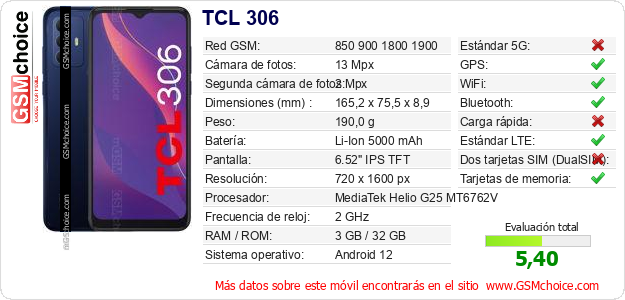 TCL 306 Datos técnicos del móvil TCL 306 Datos técnicos del móvil