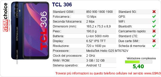 TCL 306 Dati tecnici di telefono cellulare TCL 306 Dati tecnici di telefono cellulare