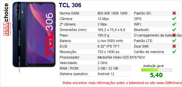 TCL 306 Especificações técnicas do telemóvel 