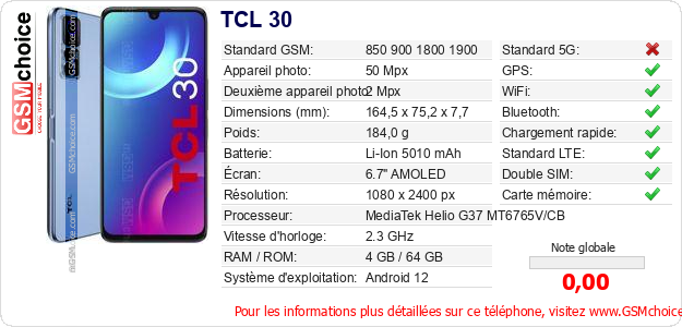 TCL 30 Fiche technique