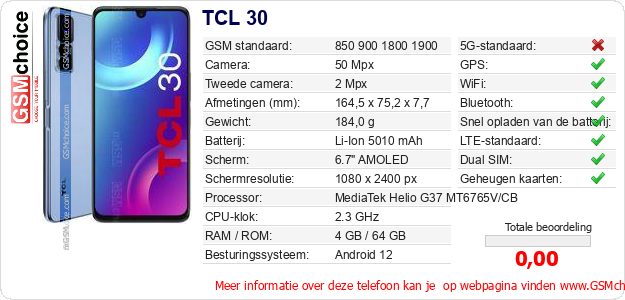 TCL 30 Technische gegevens 