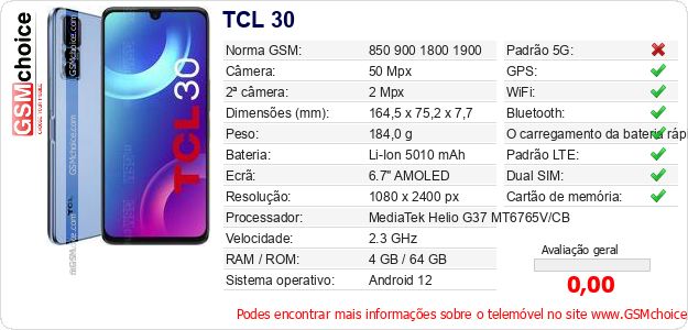 TCL 30 Especificações técnicas do telemóvel TCL 30 Especificações técnicas do telemóvel