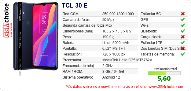 TCL 30 E Datos técnicos del móvil 