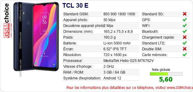 TCL 30 E Fiche technique TCL 30 E Fiche technique