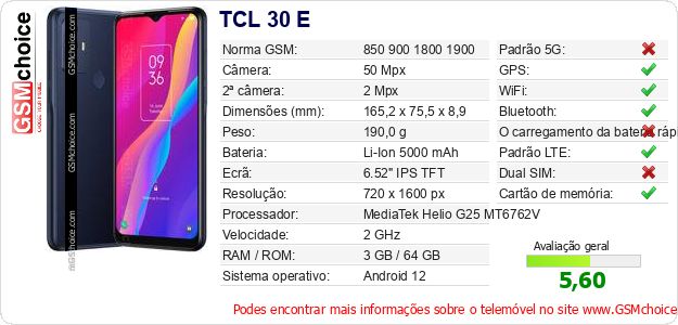 TCL 30 E Especificações técnicas do telemóvel 