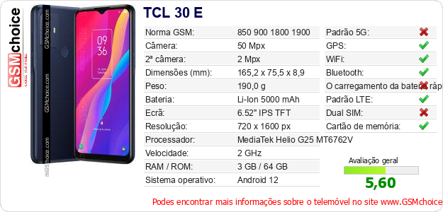 TCL 30 E Especificações técnicas do telemóvel 