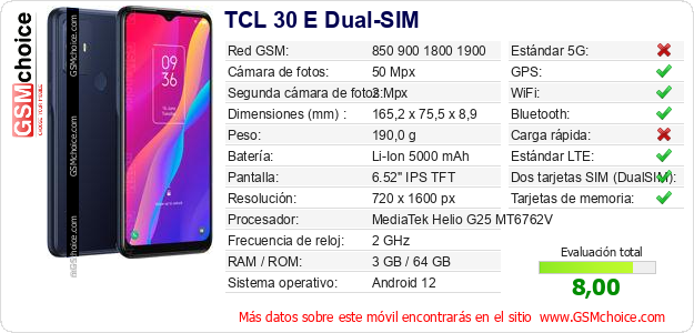 TCL 30 E Dual-SIM Datos técnicos del móvil 