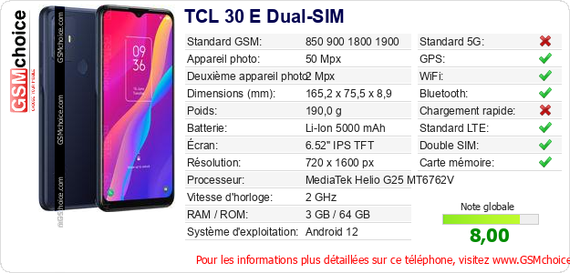 TCL 30 E Dual-SIM Fiche technique