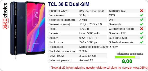 TCL 30 E Dual-SIM Dati tecnici di telefono cellulare 