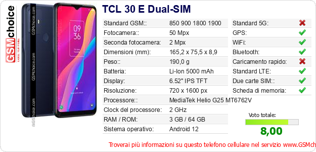 TCL 30 E Dual-SIM Dati tecnici di telefono cellulare TCL 30 E Dual-SIM Dati tecnici di telefono cellulare