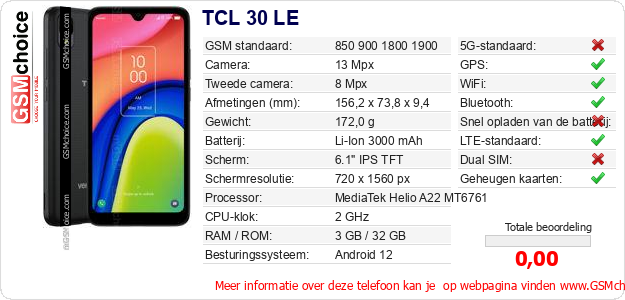 TCL 30 LE Technische gegevens 