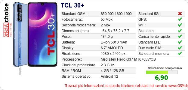 TCL 30+ Dati tecnici di telefono cellulare 