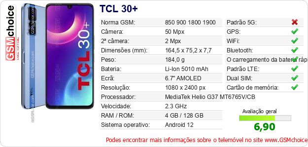 TCL 30+ Especificações técnicas do telemóvel 