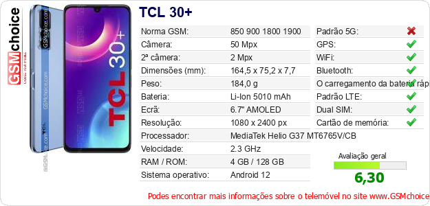 TCL 30+ Especificações técnicas do telemóvel 