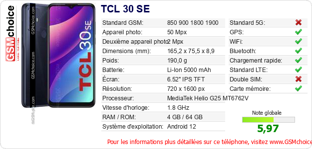 TCL 30 SE Fiche technique
