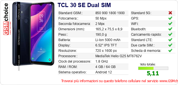 TCL 30 SE Dual SIM Dati tecnici di telefono cellulare 