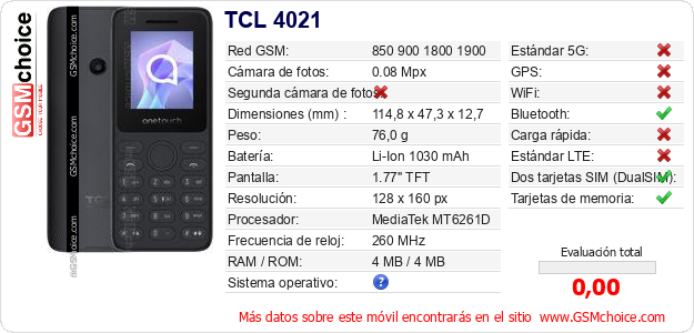 TCL 4021 Datos técnicos del móvil 