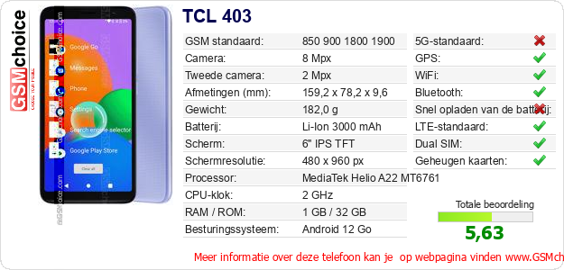 TCL 403 Technische gegevens 