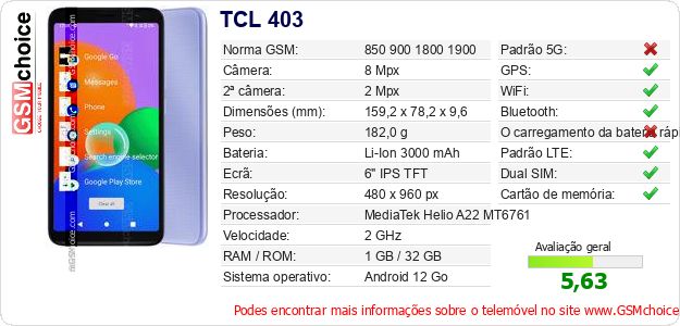 TCL 403 Especificações técnicas do telemóvel TCL 403 Especificações técnicas do telemóvel
