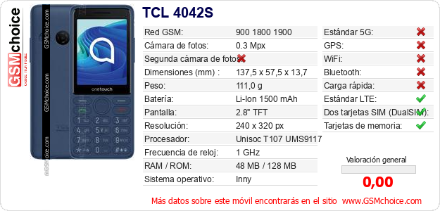 TCL 4042S Datos técnicos del móvil TCL 4042S Datos técnicos del móvil