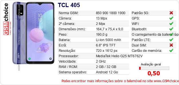 TCL 405 Especificações técnicas do telemóvel TCL 405 Especificações técnicas do telemóvel