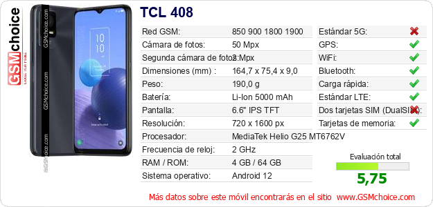 TCL 408 Datos técnicos del móvil TCL 408 Datos técnicos del móvil