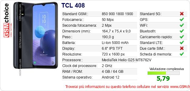 TCL 408 Dati tecnici di telefono cellulare 