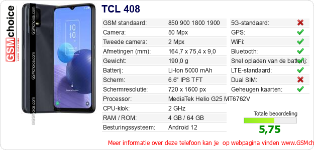 TCL 408 Technische gegevens 