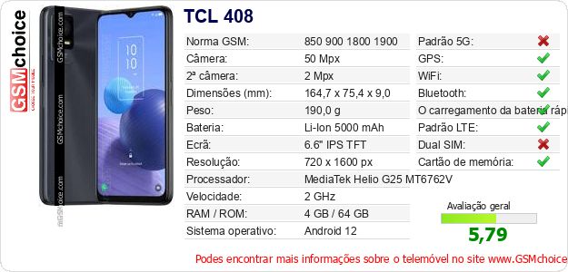 TCL 408 Especificações técnicas do telemóvel TCL 408 Especificações técnicas do telemóvel