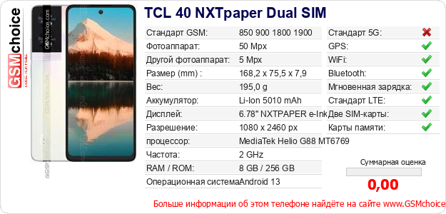TCL 40 NXTpaper Dual SIM Технические данные телефона TCL 40 NXTpaper Dual SIM Технические данные телефона